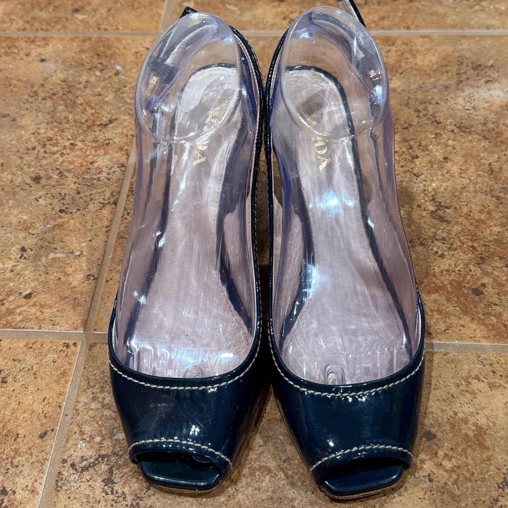 Prada Black‎ Patent Leather Peep Toe Espadrille Wedge Pumps Size 37 - Picture 4 of 14